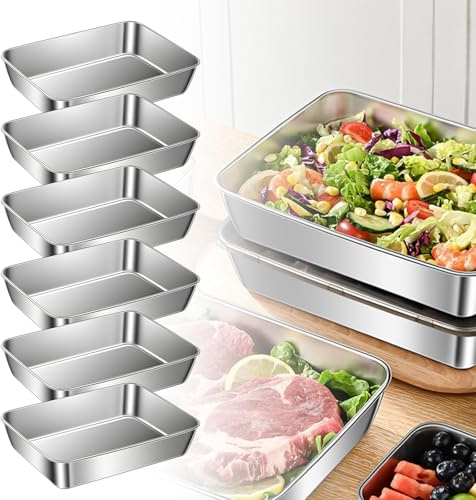 BORDEAG Juego de 6 cuencos para empanar de acero inoxidable, 25,5 x 20 x 5,5 cm, rectangular, bandeja de acero inoxidable, bandeja rectangular para chuletas, pescado, frutas, verduras
