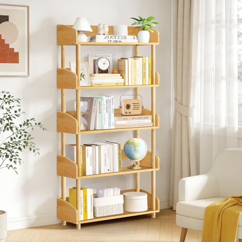 OUTONLIFE 5-Tier Wooden Open Bookcase, Modern Display Bookshelf with Solid Wood Frame and Rounded Corner Design, Storage Organizer for Living Room, Bedroom, Home Office, Balcony