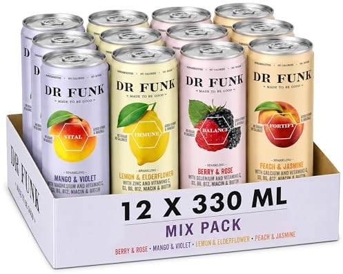 Dr Funk Flavoured Sparkling Water with Vitamins and Minerals (12 x 330ml) | No Sugar, No Calories, No Artificial Sweeteners, Enriched with 7 Nutrients for a Healthy Fizzy Drink (Mixed Flavour)