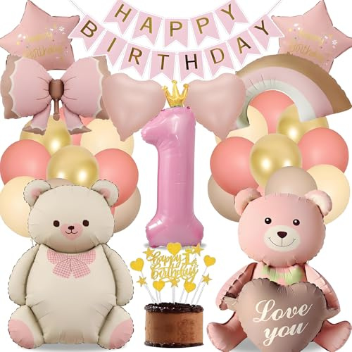 Palloncini Compleanno 1 Anno Bambina, Decorazioni Orsetto & Striscione | Kit rosa e oro con palloncino numero 1, striscione Happy Birthday, decorazioni torta, cuore, arcobaleno e fiocco