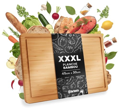 CLP Grande planche à découper en bois XXXL 45 x 30 cm, planche de cuisine en bambou avec rigole à jus, planche antibactérienne | Taille 45x30 cm