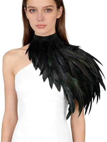 Federkragen Schwarz, Pfau Kostüm Damen Federumhang Schwarz mit Feder Manschetten, Gothic Federn Schulter, für Cosplay Partys Feste Karneval