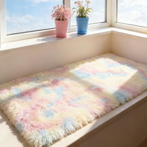 CUIMEI Hochflor Teppich 90 x 210 cm, Anti-Rutsch Unterseite, Waschbar Bis 30 Grad, Super Soft, Felloptik, Einfache Reinigung, Teppiche Fürs Esszimmer, Mehrfarbig