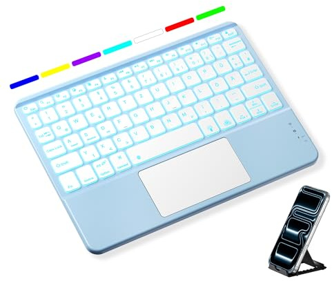 Vobafe Bluetooth Tastatur mit Touchpad, 7-farbiges Backlight iPad Tastatur | Traleicht Kabellose QWERTZ Keyboard mit Trackpad für iPad/Tablet/Laptop/PC/Smartphone(iOS/Windows/Android Systeme), Hellblau