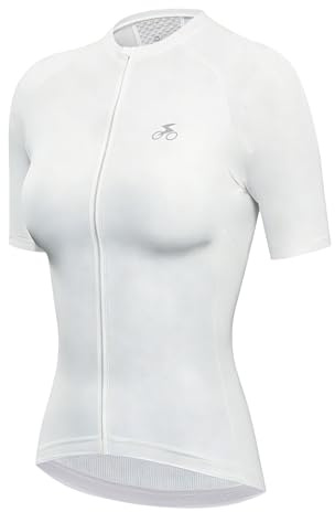 spocyclife Radtrikot Damen Kurzarm, Fahrradtrikot Atmungsaktiv Rennrad Trikot Schnell Trocknen Fahrrad Shirt mit 3 Taschen für Frauen Outdoor Sport, A-Cremeweiß, S