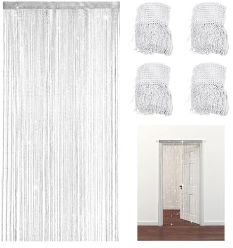 4 Stück Fadenvorhang Türvorhang, 100 x 200cm Türvorhang Fensterdekoration Raumteiler Dekoration Perlenvorhang Fadengardine für Türen & Fenster, Terrasse, Schlafzimmer, Hochzeit, Party Deko (Weiß)