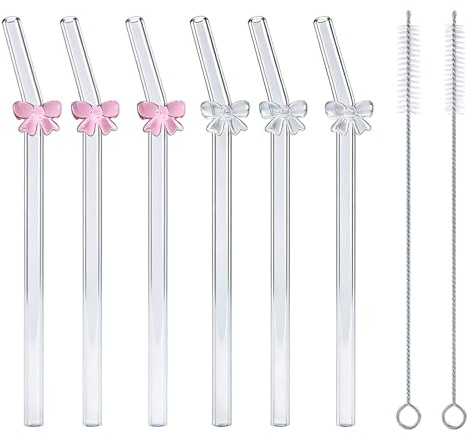 Glass Straws with Bows, Glass Straws with Charms, 3 Pink and 3 Clear Bows 2 Cleaning Brushes, Reusable Drinking Material 90℃ Heat Resistant for Daily Drinkware