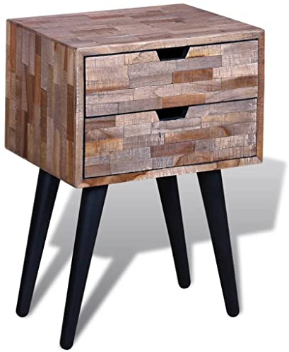 Comodino in legno di teak riciclato con 2 cassetti, tavolino vintage e console per camera da letto