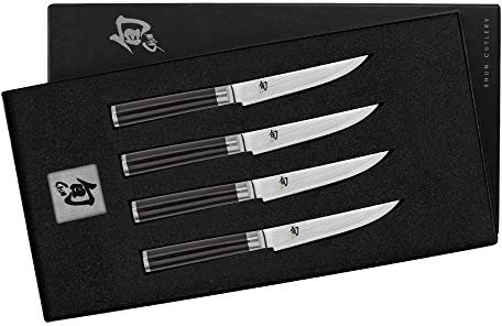 KAI Shun Classic japanisches Steakmesser 4er Set 12 cm Klingenlänge - Damastmesser 32 Lagen VG MAX Kern - 61 (±1) HRC - Pakkaholzgriff - Made in Japan - Grillmesser Tafelmesser geschmiedet