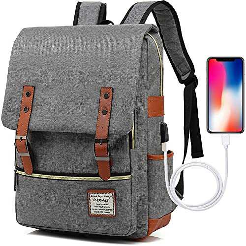 UGRACE Laptop Backpack, Grey, Unisex, 15.6 Laptop Compartment, 6 Compartments, USB Charge Port, Adjustable Shoulder Strap, PU Leather Belt
