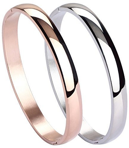 MILAKOO 2 Stück Edelstahl Armband für Frauen Mädchen Hochglanz Armband Gerillte Manschette Armreif 8mm
