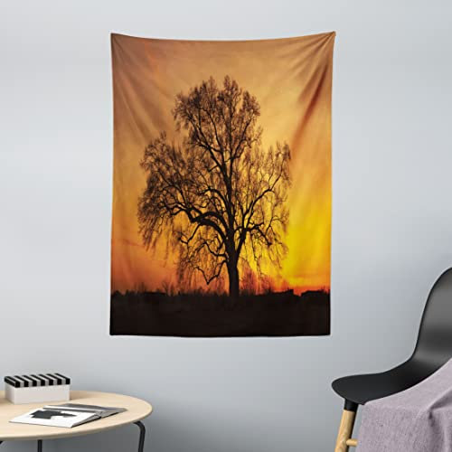 ABAKUHAUS Baum Wandteppich, Old Oak at Sunset View aus Weiches Mikrofaser Stoff Waschbar ohne Verblassen Digitaldruck, 110 x 150 cm, Orange Braun