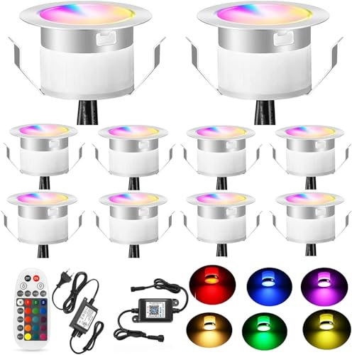 SUBOSI 10er Bluetooth RGBWW Led Bodeneinbaustrahle Aussen 0.5W Ø45mm IP67 Wasserdicht LED Einbaustrahler Terrasse Küche Garten Led Lampe Full Kit