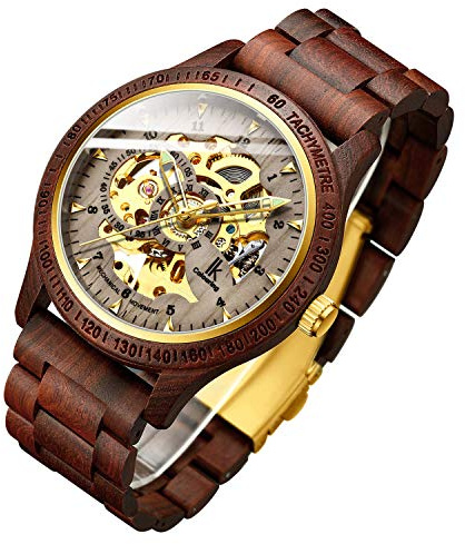 IK COLOURING Men's Watches Luxury Mechanical Wooden Case Skeleton Luminous Automatic Self-Winding Lightweight Genuine Leather Bracelet/Wood Band Wrist Watch