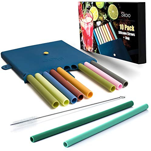 Skoo - Set of 10 Silicone Drinking Reusable Straws + Silicone Case Holder + Cleaning Brush - Jumbo Smoothies and Cocktails - Large and Thick Boba Straws Set Extra Wide - 10 inch Straight Long 0.4 Dia