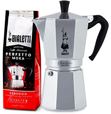 Bialetti Moka Express Espressokocher, Aluminium, Silber, 12 Tassen Perfetto Moka (der ideale Kaffee für den Moka), Gemahlener Kaffee - CLASSICO Geschmack Klassisch, 250 g