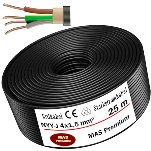 Câble d'alimentation souterrain NYY-J, 5, 10, 15, 20, 25, 30, 35, 40, 50, 60, 70, 75, 80, 90 ou 100 m, 4 x 1,5 mm², câble électrique avec anneau pour pose en extérieur, en sous-sol (25 m)