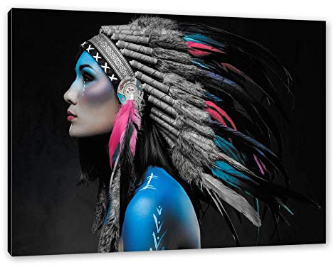 Pixxprint Frau mit Buntem indianischen Kopfschmuck B&W Detail, Größe: 80x60cm, Leinwandbild, fertig gespannt, Wandbild, Dekoration, Kunstdruck, kein Poster