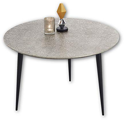 Stella Trading Patna Couchtisch rund in Metall-Optik mit Metallgestell, Schwarz - Sofatisch mit gemusterter Oberfläche für Ihren Wohnbereich - 75 x 46 x 75 cm (B/H/T)