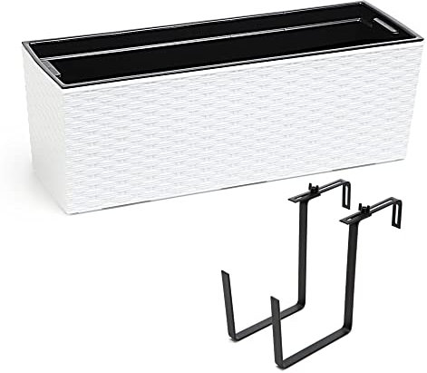 Jardinera de plástico con soporte de metal blanco y ratán 56 x 19 x 19 cm XL para plantas, almacenamiento de agua, soporte de metal flexible