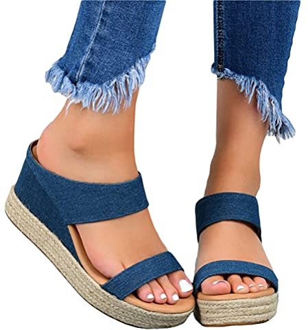 Tomwell Femme Sandales Compensees Sandale Plateforme Femmes Ete Espadrille Bout Ouvert Espadrille Femmes Compensees Plate à Bout Ouvert Mules Style Espadrilles Nu-Pieds Mode C Bleu 43 EU