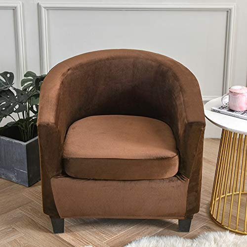 Highdi Sesselschoner 2 Teilige Samt Plüsch Sesselbezug, Stretch Tub Chair Sesselhussen mit Armlehne, Club Sesselüberwurf für Clubsessel Loungesessel Cocktailsessel (Braun)