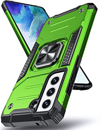DASFOND Armor Hülle für Samsung Galaxy S21 FE 2022 5G Case Militär Stoßfest Handyhülle [Upgrade 2.0] 360 Grad Metal Ring Halter Ständer Schutzhülle [für Handyhalterung Auto Magnet], Grün