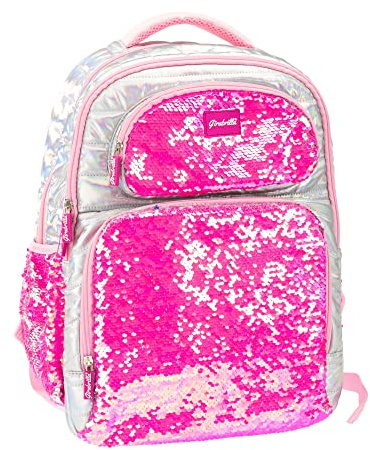 Girabrilla Nice Group Zaino Puffer Scuola per Bambine e Ragazze, Effetto Piumino, Doppia Tasca con Paillettes reversibili, Colore Rosa Fluo