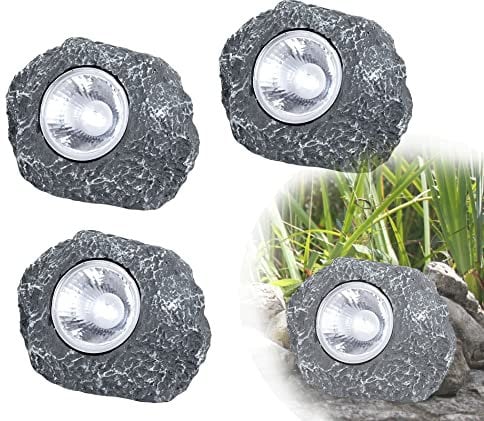 bmf-versand Solarlampen für Außen Garten Deko Stein mit LED 3er Set - Gartendeko Solar Steine - Solarleuchten Balkon Klein - Außenlampe Steinleuchten Anthrazit - Dekolampen 3 Stück