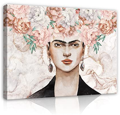 WallArena Leinwand Bilder Frida Kahlo Blumen Frau Abstrakt Pfingstrosen - 120x80 cm Leinwandbilder Bild auf leinwand Wandbild XXL groß Wandbilder für Wohnzimmer Schlafzimmer Wohnzimmerbilder Modern