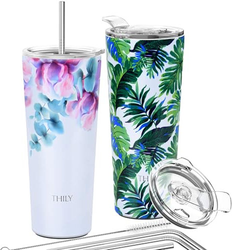 Vakuumisolierter Edelstahlbecher – THILY 780 ml dreifach isolierter Reisebecher mit spritzwassergeschütztem Deckel, für Eiskaffee und heiße Getränke, 2er-Pack, grüne Pflanzen + rosa Lilien