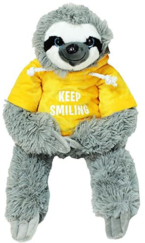 BEMIRO Faultier Kuscheltier mit Pullover - gelb Keep Smiling - ca. 40 cm, Kuscheltier mit Pulli, Kletthände zum anhängen, Plüschtier mit Hoodie