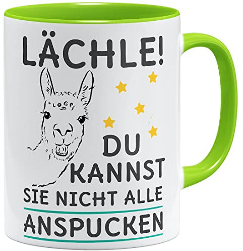 OM3® Lächle du kannst sie nicht alle anspucken Lama Kaffee-Tasse mit Spruch - Motiv Alpaka - Keramik Becher - 325ml - Beidseitig Bedruckt - Hellgrün