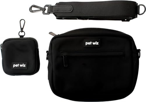 pet wiz Hundetasche mit abnehmbarem und verstellbarem Riemen und passender Leckerli-Tasche, Schwarz