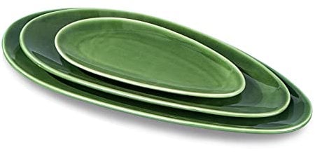 vicrays Lot de 3 grands plateaux de service ovales en porcelaine de 40,6 cm/35,6 cm/25,4 cm pour fête, barbecue, plateaux de service empilables pour apéritifs, sushis, restaurant (vert)
