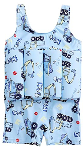 Kids Boys Girl One Piece Floatation Swimsuit with Adjustable Buoyancy Sticks Toddler Floating Swimsuit Baby Float Suit Swim Vest Swimwear Life Jacket Summer Bathing Suit Blue Excavator 2-3 Years
