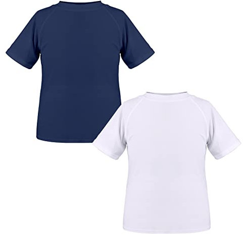 TIZAX 2 Piezas Camiseta Proteccion Solar Niño UPF 50+ Camiseta Anti UV Traje de Baño de Manga Corta Rashguard Secado Rapido para Natacion/Piscina/Playa Blanco+Azul Marino 5-6 años