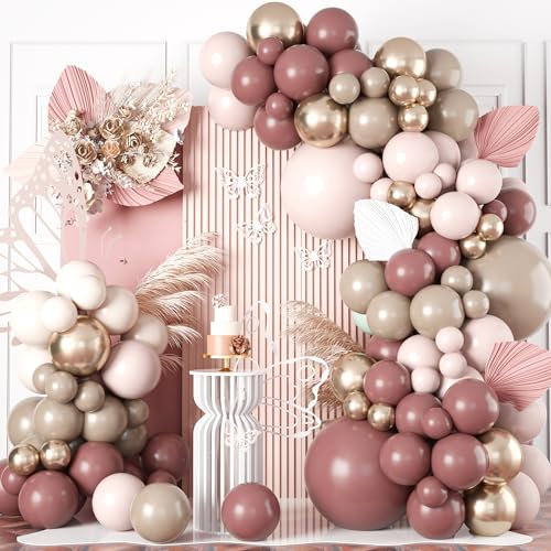 Dusty Pink Beige Gold Boho Balloon Arch Garland Kit, Neutral Blush Nude Tan Champagne Gold Double Stuffed Balloon Arch Kit for Women Birthday Wedding Baby Bridal Shower Engagement Party Decorations