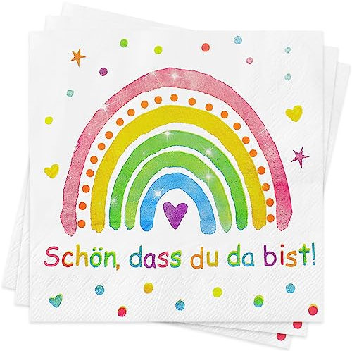 Servietten Regenbogen Schön Dass Du Da Bist, 60Stück Servietten für Kindergeburtstag, Babypartys,Taufe, Konfirmation Kommunion Tischdeko, Regenbogen Party für Junge und Mädchen (Regenbogen 60)