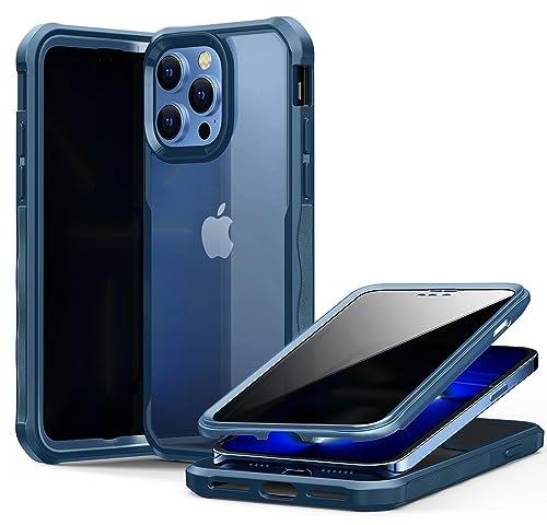 OMGZONE Privacy Case for iPhone 12/12 Pro, Built-in Screen Protector, Tempered Glass Full Body Case, 360° Shockproof Bumper, Blue