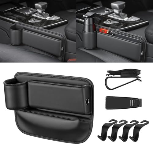 Ruucy Auto Getränkehalter Becherhalter, PU Leder Getränkehalterung Auto Organizer Aufbewahrungsbox Getrankehalt für Kaffee Getränk Flasche Milch, Mit 4 Auto Haken + 2 Brillenhalter(Schwarz)