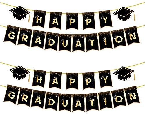 SKHAOVS 2 Stück Abschluss Deko Abschlussfeier Deko Abitur Bachelor Deko Happy Graduation Schulabschluss Deko Graduierung Fotorequisiten DIY Dekoration Dreieck Flagge Wimpelkette Party (Schwarz)