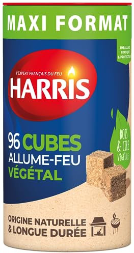 HARRIS - 96 Cubes Allume feu - 100% végétal - Maxi Format Cylindre - sans Odeur - Longue durée - Rapide et Facile d'utilisation - Intérieur & Extérieur - Entreprise française - x96