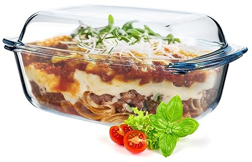 KADAX Cacerola de cristal con tapa de vidrio resistente al calor, recipiente ignífugo para lasaña, guiso de verduras, asador de vidrio para asar en el horno (rectangular – 5,8 L)