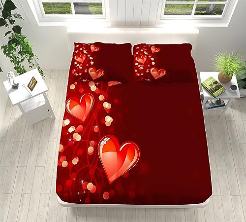 Spannbettlaken Set 140x200 cm, Mode Rotes Herz Weiches Mikrofaser Spannbetttuch für Boxspringbett Atmungsaktiver Matratzenschoner Tiefe 30 cm für Kinder und Jugendliche