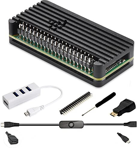 Raspberry Pi Zero Case Kit, iUniker Pi Zero Aluminum Passive Case with Pin Header, OTG Hub, HDMI Adapter, on/Off Switch Cable for Pi Zero 2 w