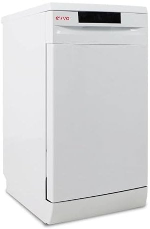 EVVO Lavavajillas estrecho, Ancho 45 cm, Capacidad para 9 Cubiertos, Programa Rápido 30 minutos, Programa Media Carga, Bandeja Superior Ajustable, 5 Programas, Modelo D1 Slim, Acabado Blanco