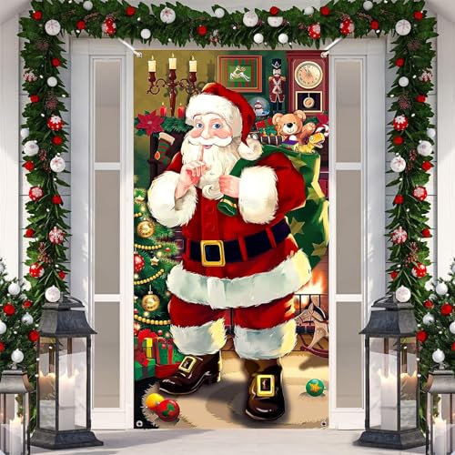 Décoration de Porte de Noël,Bannière de décoration de Porte du Père Noël,Bannière de Fond du Père Noël,Couverture de Porte du Père Noël70,9 x 35,4 Pouces (Le Père Noël ouvre la Porte)