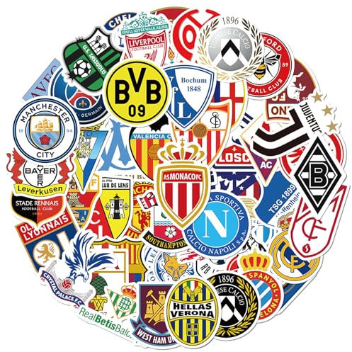 Fußball sticker,50 Stück Fussball Sticker Set Wasserfest Fußball Club logo Aufkleber Graffiti Stickers,Vinyl Sticker für Laptop Skateboard Koffer Helm Auto Fahrrad Handy Auto