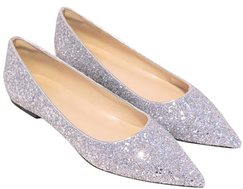 Minetom Damen Ballerinas Elegant Glänzende Pailletten Flache Ballerinas Spitze Zehe Glitzer Bequeme Party Hochzeit Flats Schuhe E Silber 40 EU